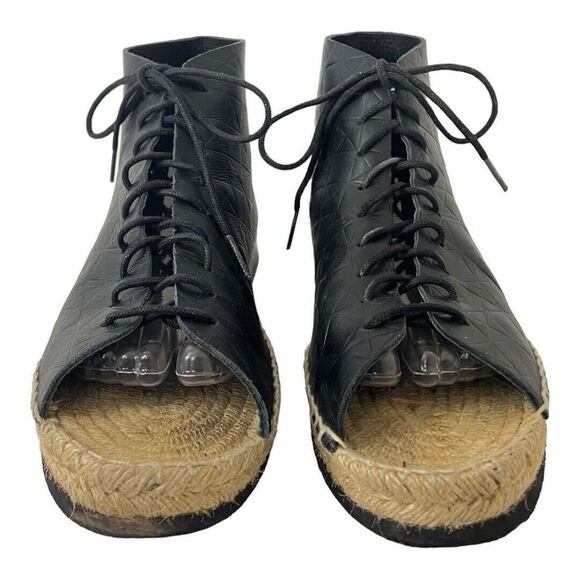 Miista Size 40 Imogen Peep Toe Black Leather Geometric Espadrilles Booties - Picture 2 of 9